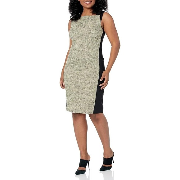 T. Tahari Women's Dress Sheath Knitted Square Neck Black Green, Sz 12 - Picture 1 of 16